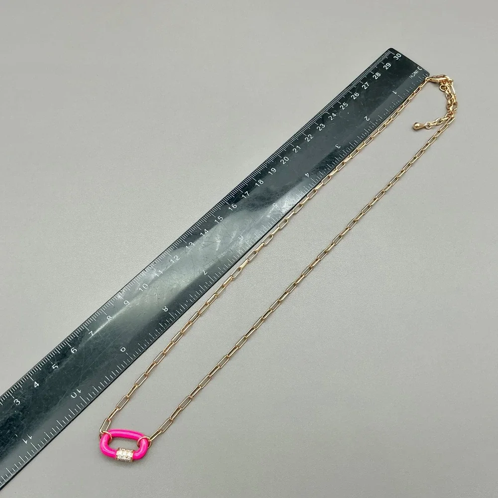 Bomb Party Necklace Gold Tone Paperclip Chain Pink Carabiner CZ Pendant 18-20